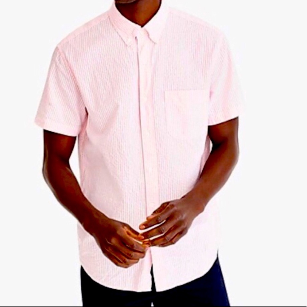J. Crew Pink and White Seersucker Button Down Short Sleeved Shirt size Large